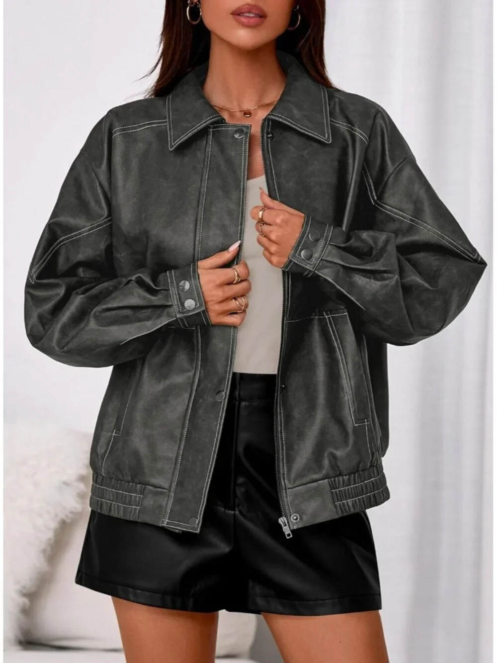 Women's Bomber Motorcycle Zip Up Jackets Oversized Faux Leather Jacket Grey